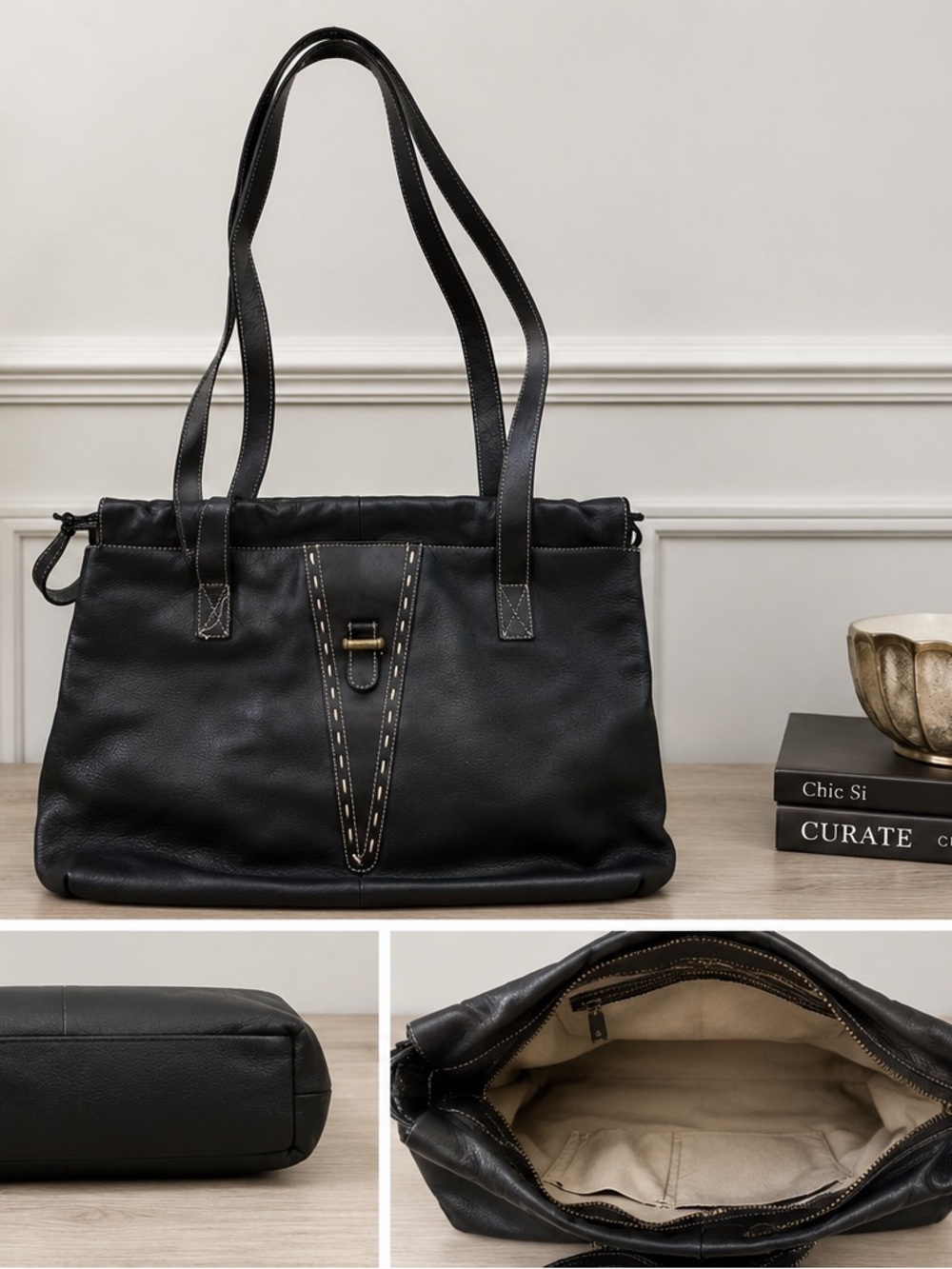 Vintage 1990s Zenith Italian Full-grain Leather Black shoulder/tote bag -NICE - Picture 8 of 16